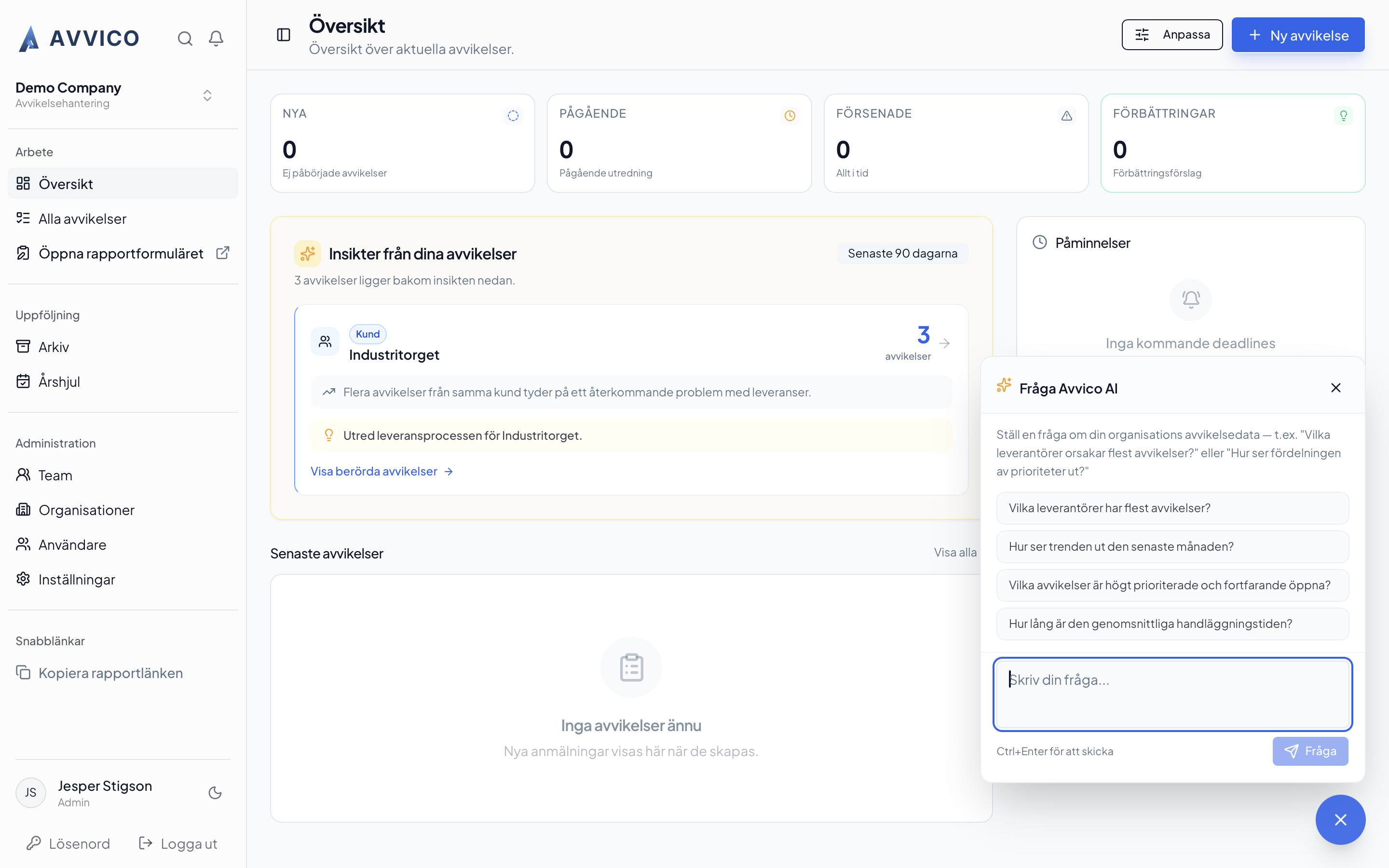 Aviccos dashboard med översikt över aktuella avvikelser och uppföljning