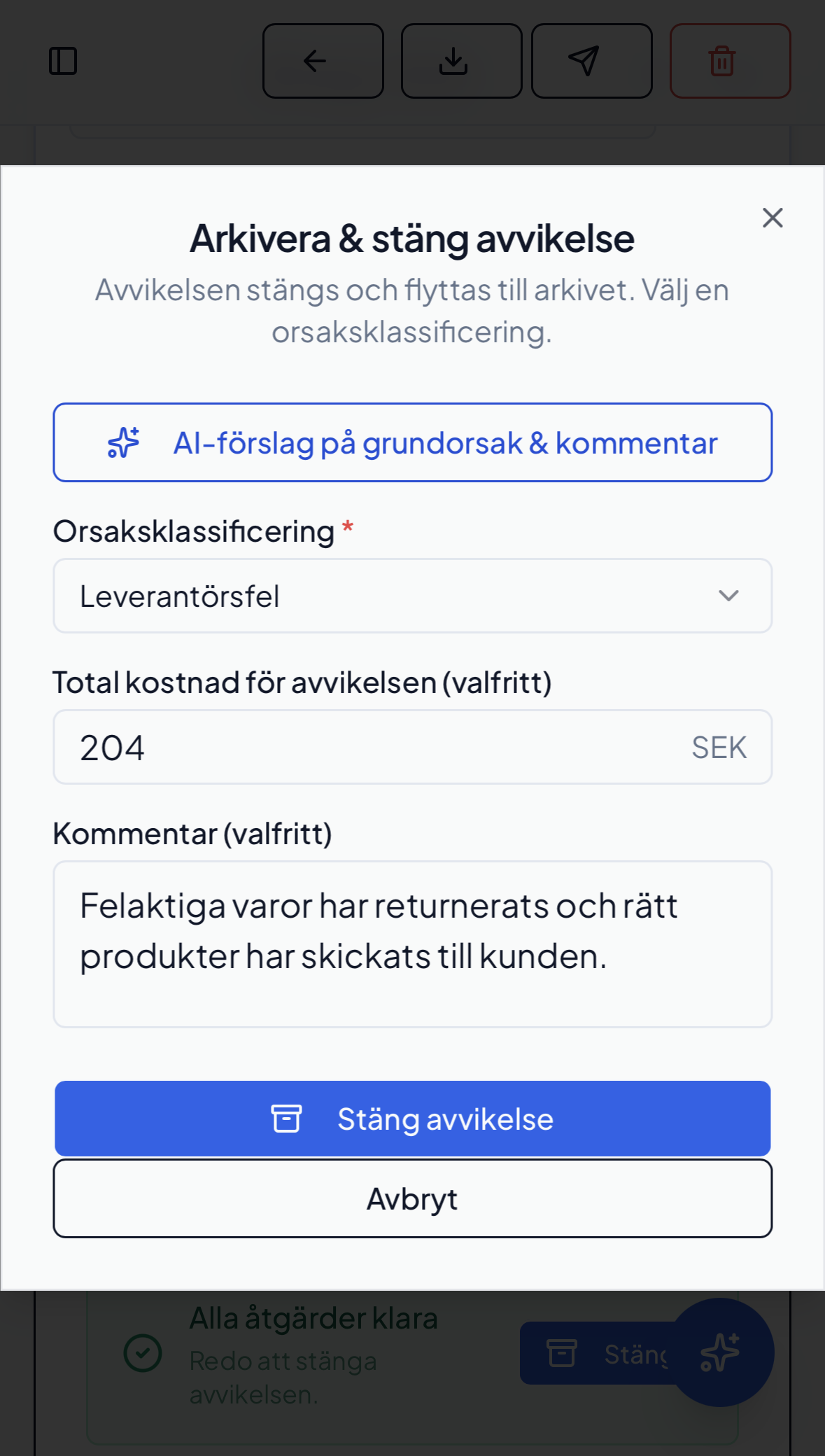 Avicco hantering av ansvar, åtgärder och stängning av avvikelse – bild 3