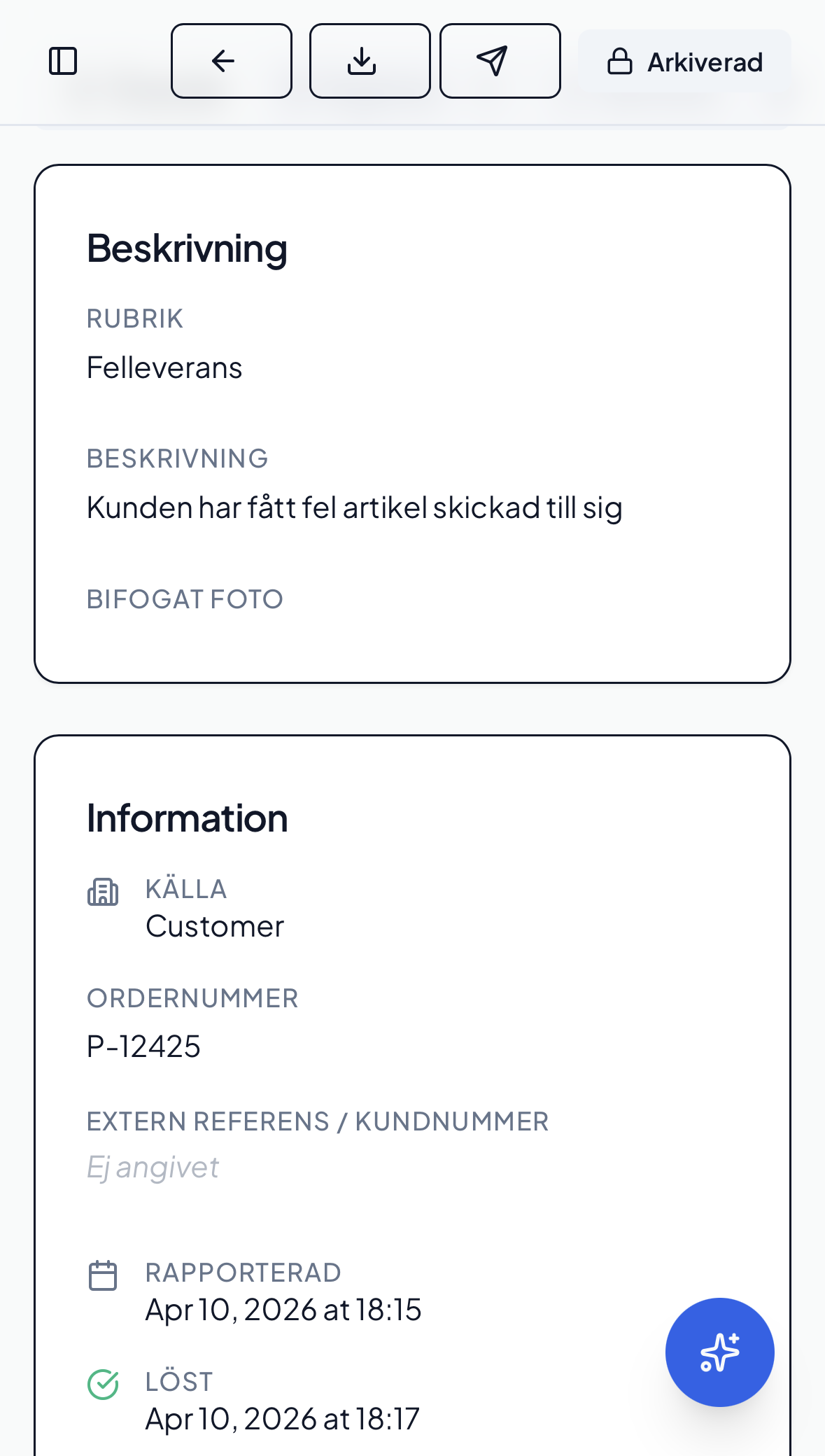 Aviccos ärendeinformation med kategori och ärendenummer